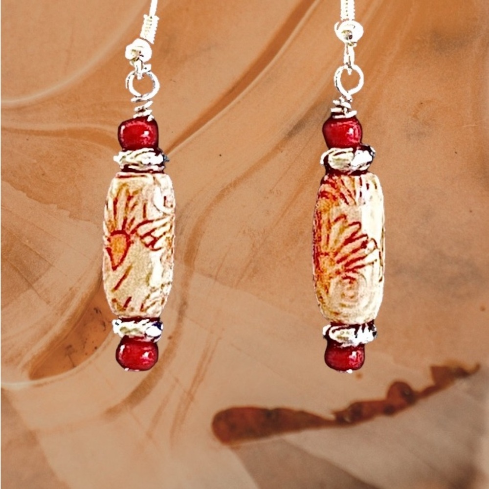 UNIQUE HANDMADE PAINTED WOOD AND SILVER EARRINGS
